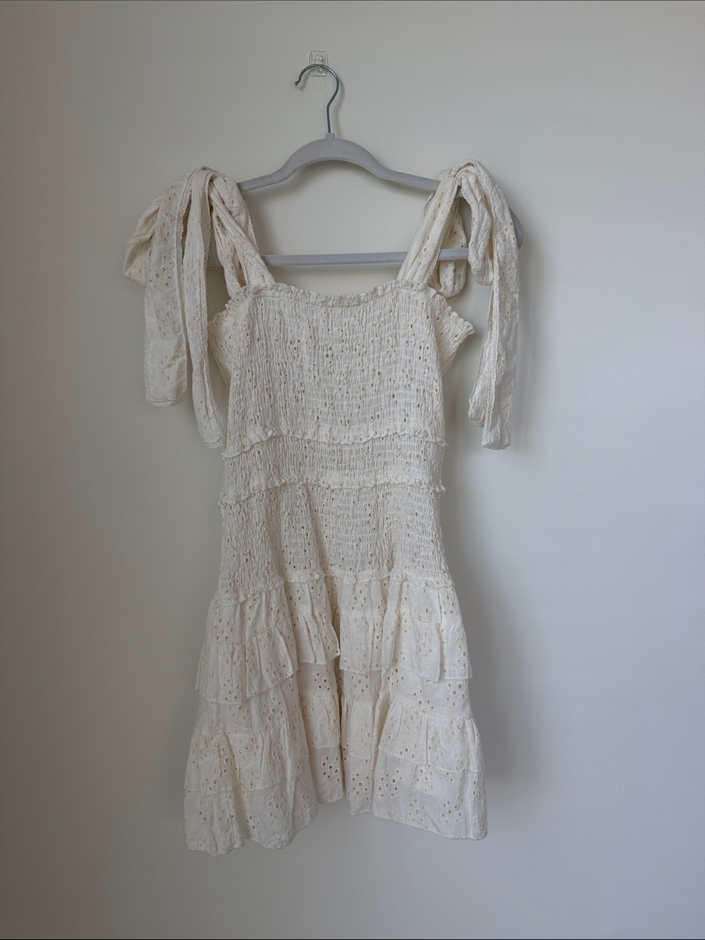 Olivaceous Cream Eyelet Tie-Shoulder Mini Dress